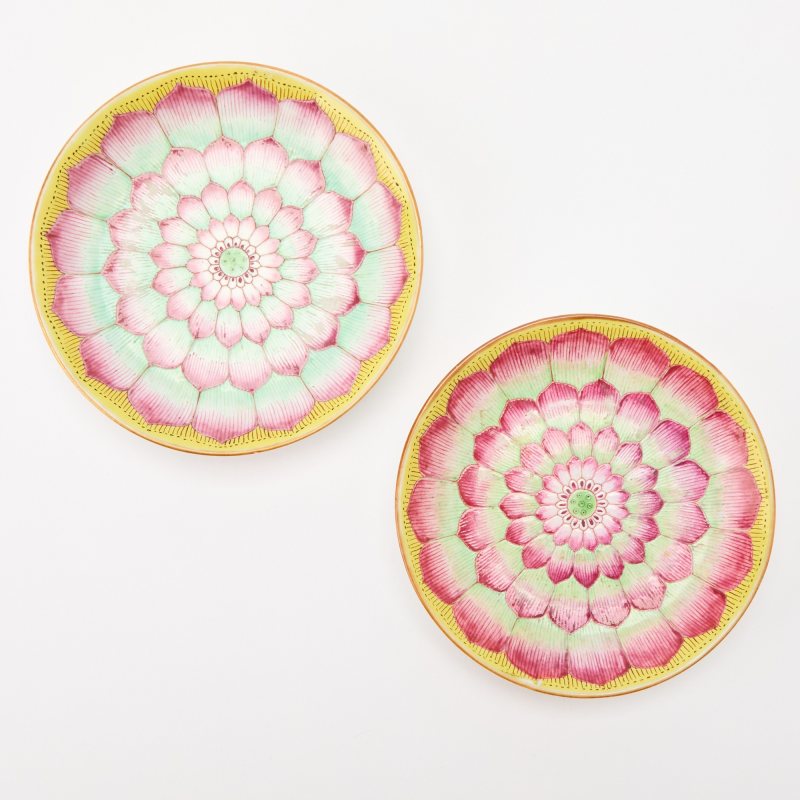 A Pair of Chinese Enameled Porcelain ‘Lotus’ Dishes