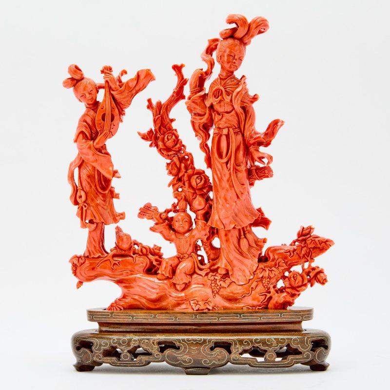 A Chinese Coral Figural Group Carving