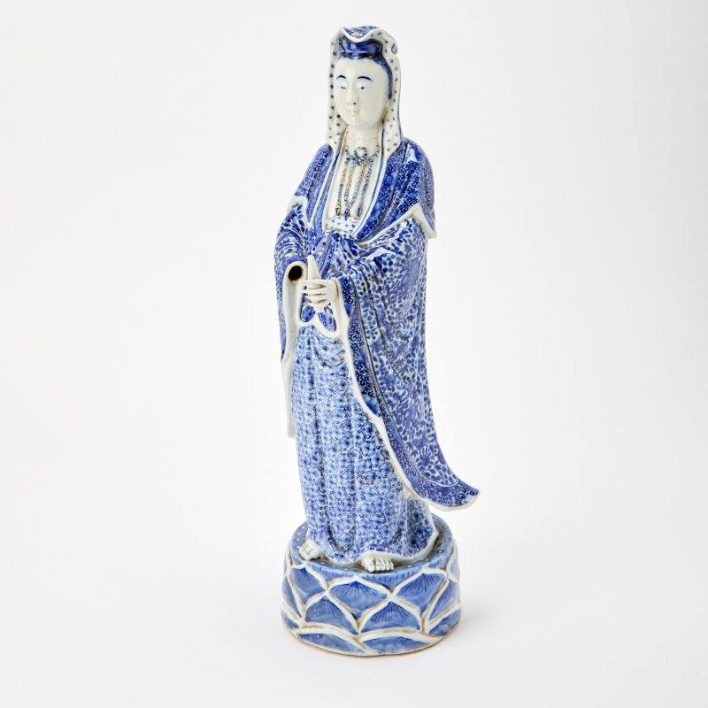 A Chinese Blue and White Porcelain Figure of Standing Guanyin