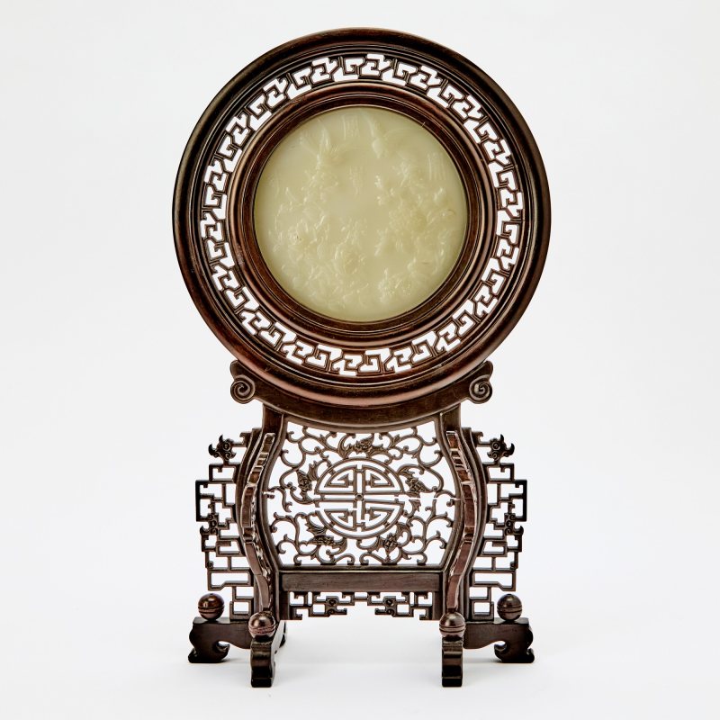 A Chinese Carved White Jade 'Birds and Flowers' Table Screen