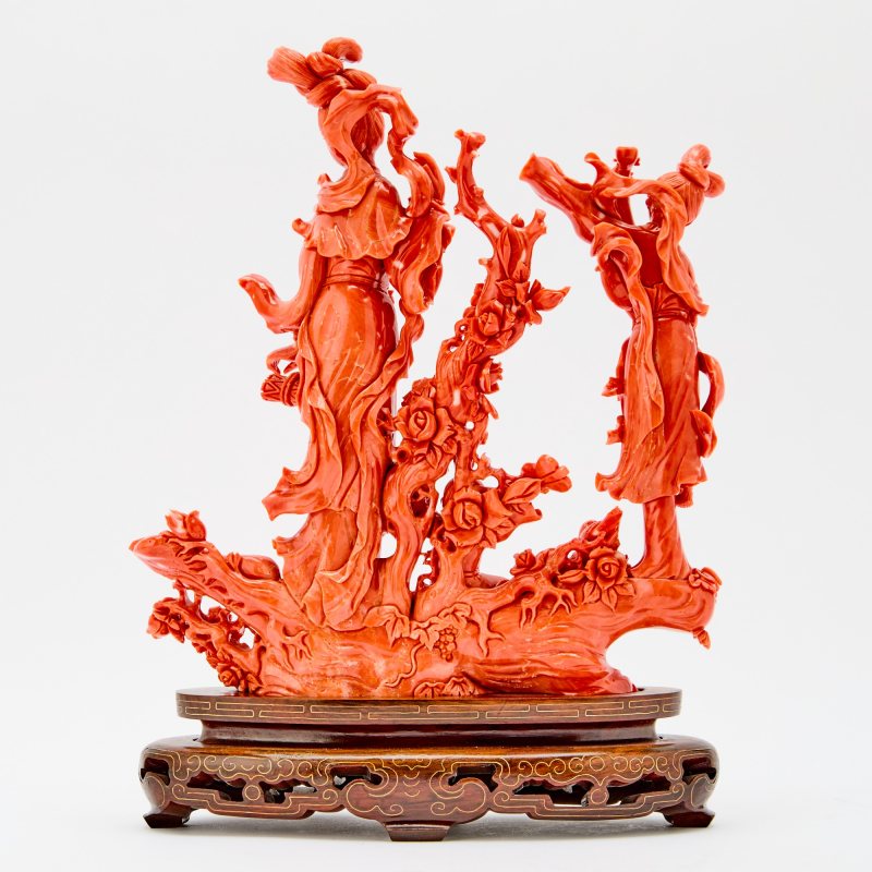 A Chinese Coral Figural Group Carving - 图2