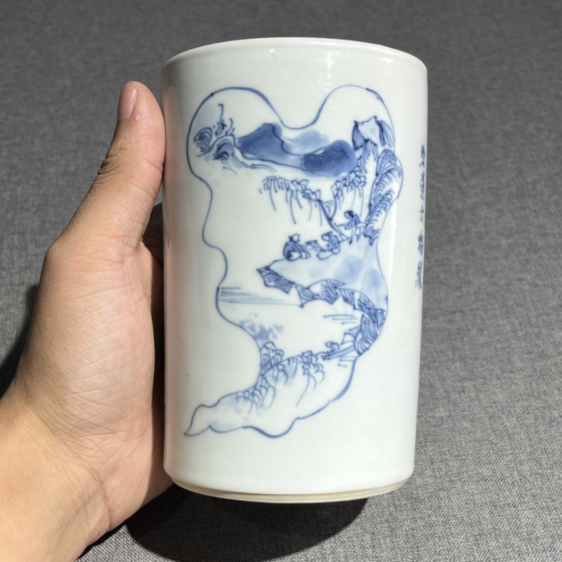 清康熙青花诗文风景笔筒 - 图4