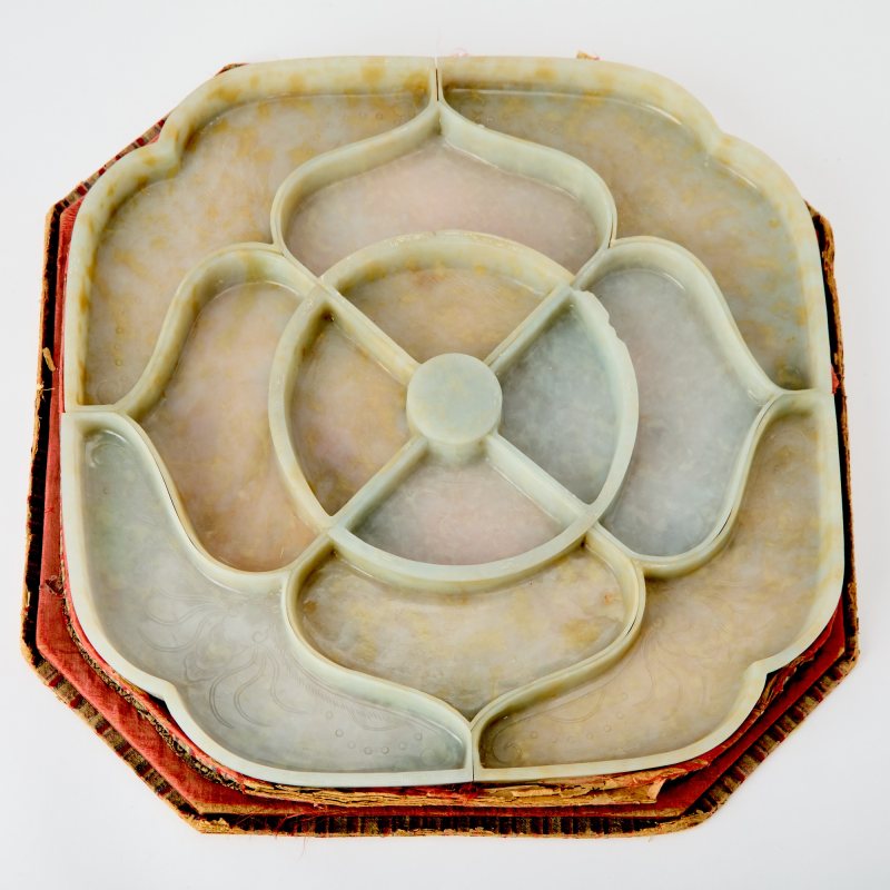 A Rare Chinese Carved Jadeite "Sweetmeat" Set with Silk and Card Stand