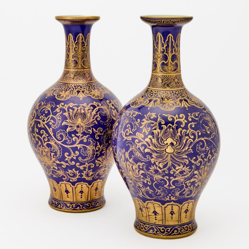 A Pair of Chinese Gilt-Decorated Powder-Blue-Glazed Porcelain Vases