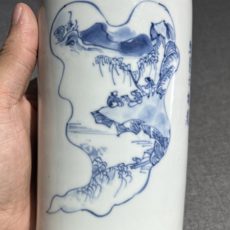 清康熙青花诗文风景笔筒 - 图5