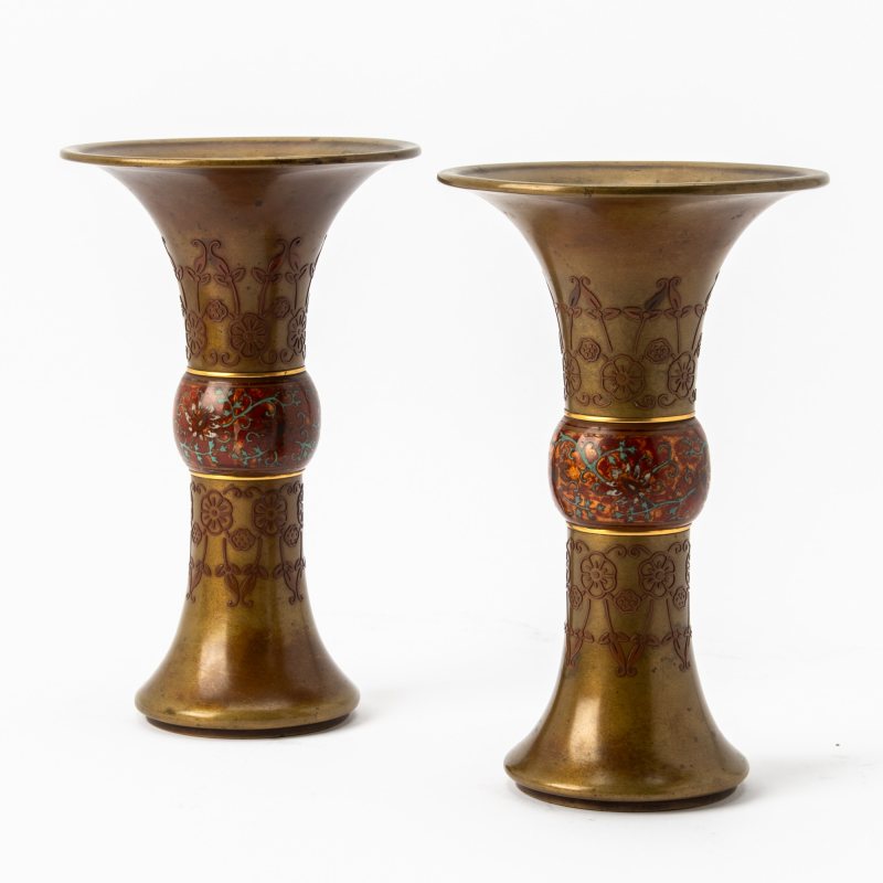 An Unusual Pair of Chinese Cloisonné Enamel and Bronze Vases