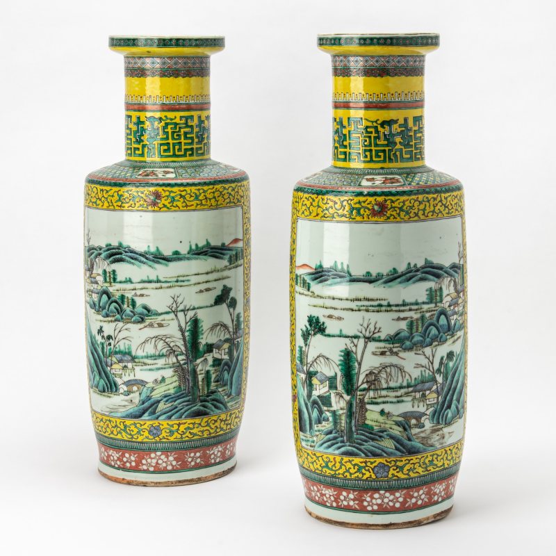 A Pair of Chinese Enameled Porcelain Rouleau Vases
