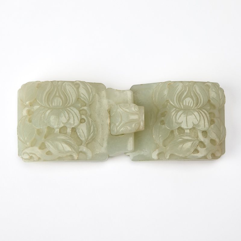 A Chinese Carved Celadon Jade Two-Part Belt Buckle