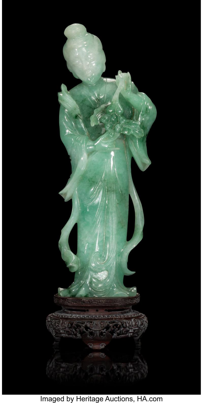 A Chinese Carved Jadeite Figure of a Meiren with Stand