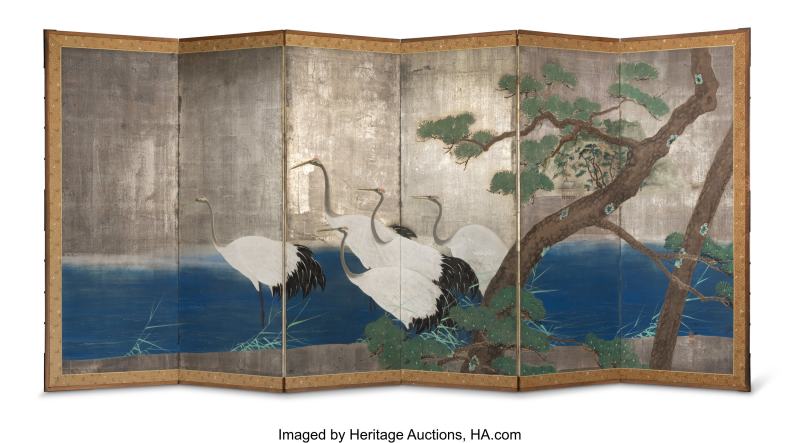 A Japanese Six-Panel Screen with Cranes by Pine Trees