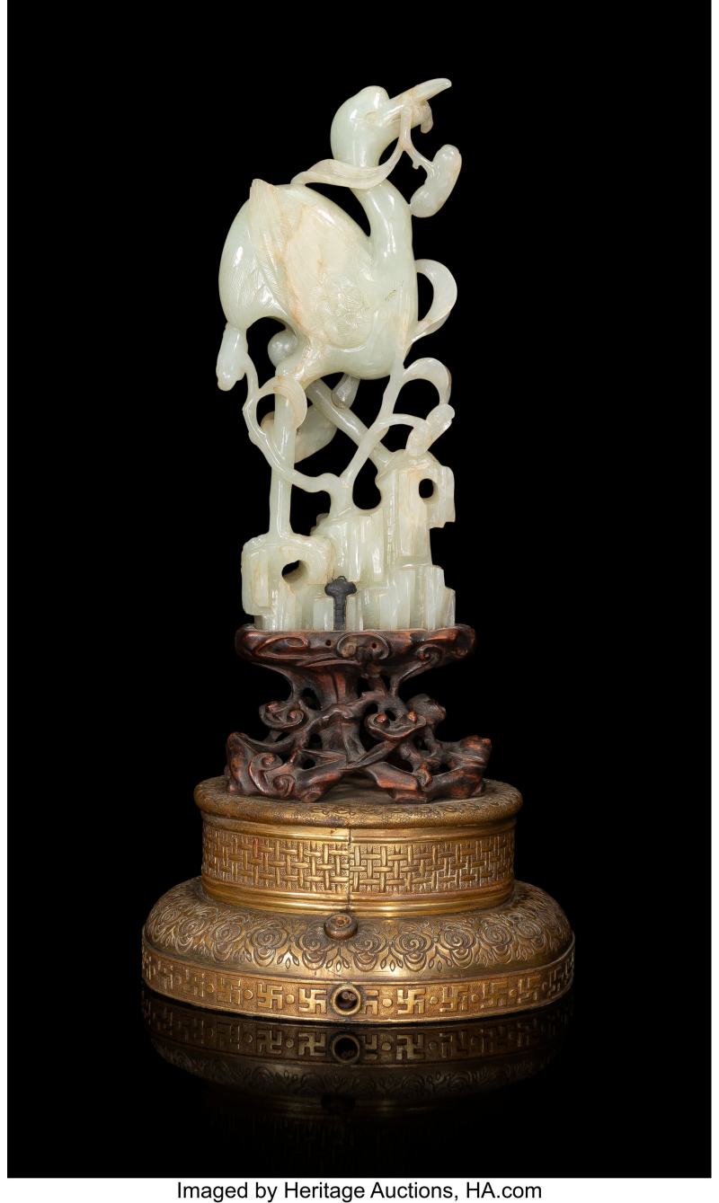 A Chinese Carved Jade Figure of a Crane Mounted on Lamp Base, - 图4