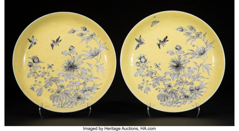Two Rare Chinese Grisaille Decorated Yellow-Ground Dishes