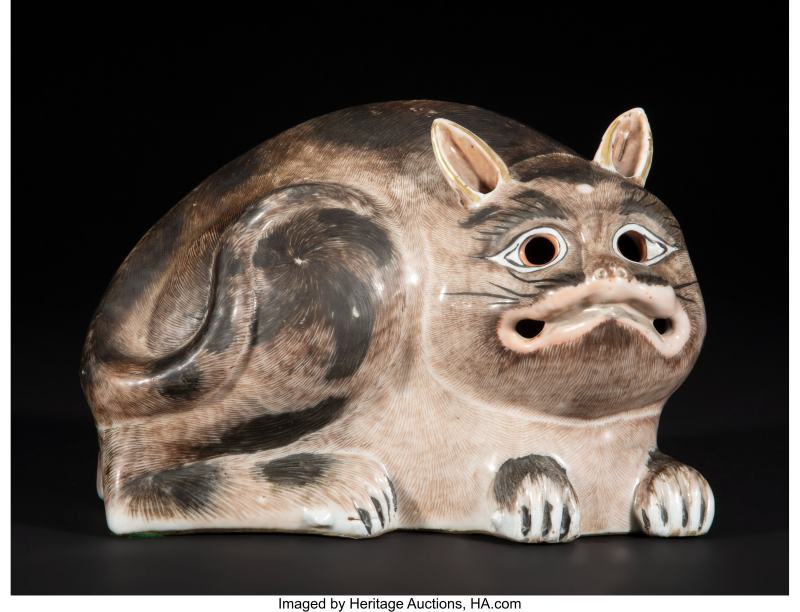 A Chinese Export Enameled and Partial Gilt Cat-Form Night Lantern