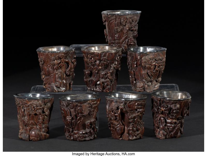 A Group of Eight Chinese Silver-Inlaid and Carved Agarwood Cups Accompanied by Fitted Case - 图3