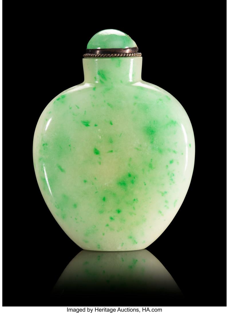 A Chinese Carved Emerald Green Flecked Jadeite Snuff Bottle
