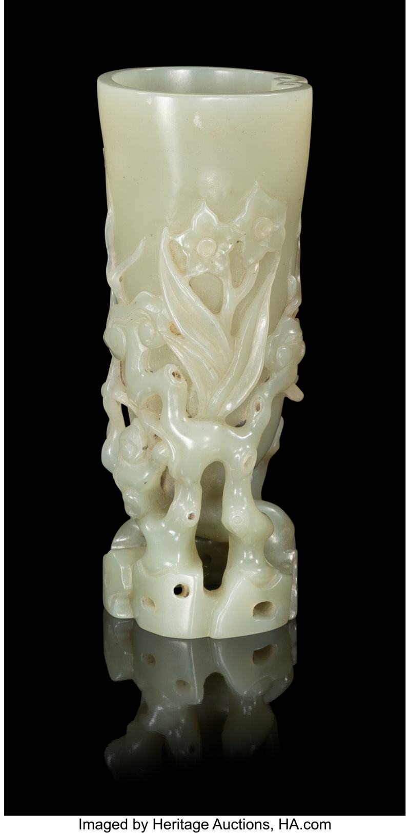 A Chinese Carved Celadon Jade Brush Holder