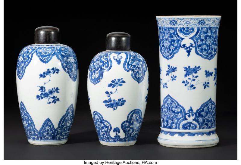 Two Chinese Blue and White Covered Jars and a Vase