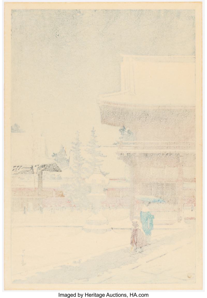 Kawase Hasui (Japanese, 1883-1957), Snow at Nezu-Gongen Shrine (Nezu-gongen no yuki), from the series Collection of Scenic Views of Japan: Eastern Japan (Nihon fukei shu higashi Nihon hen) - 图2