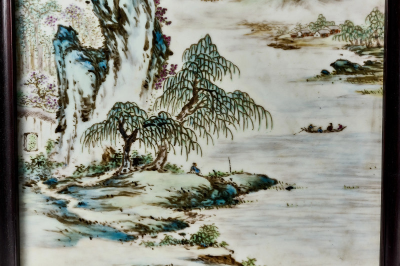 民国 “汪野亭”绘粉彩山水瓷板连框 - 图2