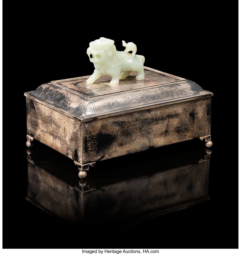A Chinese Silver Covered Box with a Carved Jade Lion-Form Finial