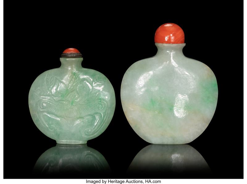 Two Chinese Carved Light Emerald Green Jadeite Snuff Bottles