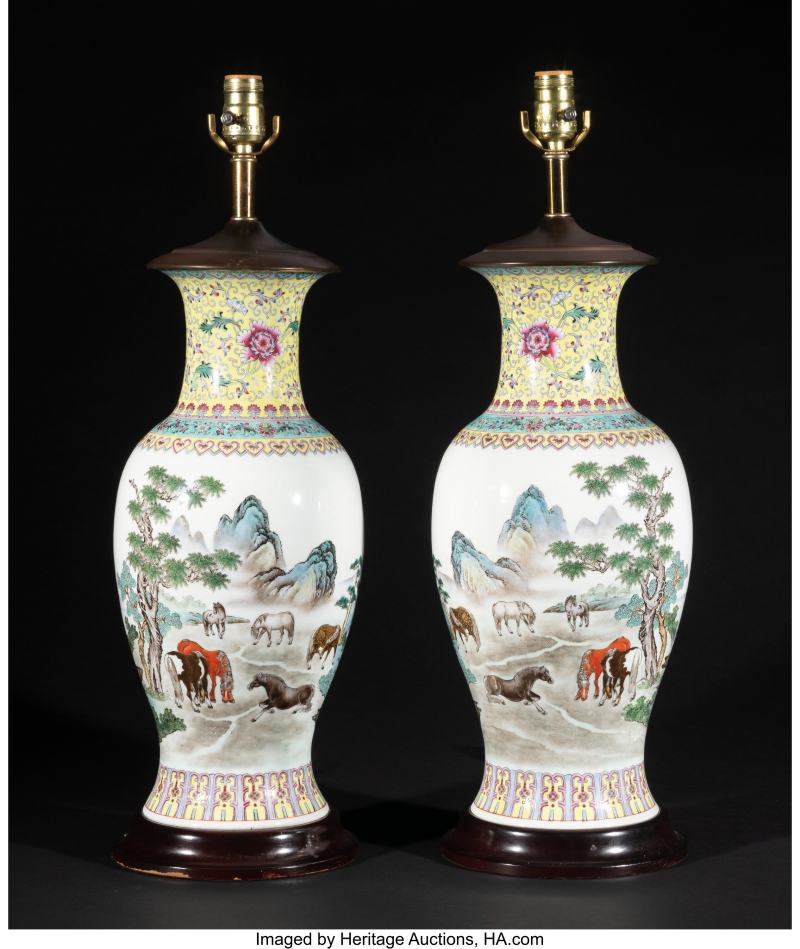 Two Chinese Famille Rose 'Horses' Vases Mounted as Lamps