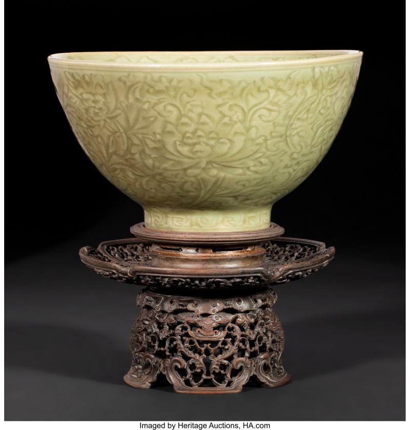 A Chinese Carved Longquan Celadon-Glazed 'Floral' Bowl with Reticulated Wood Stand