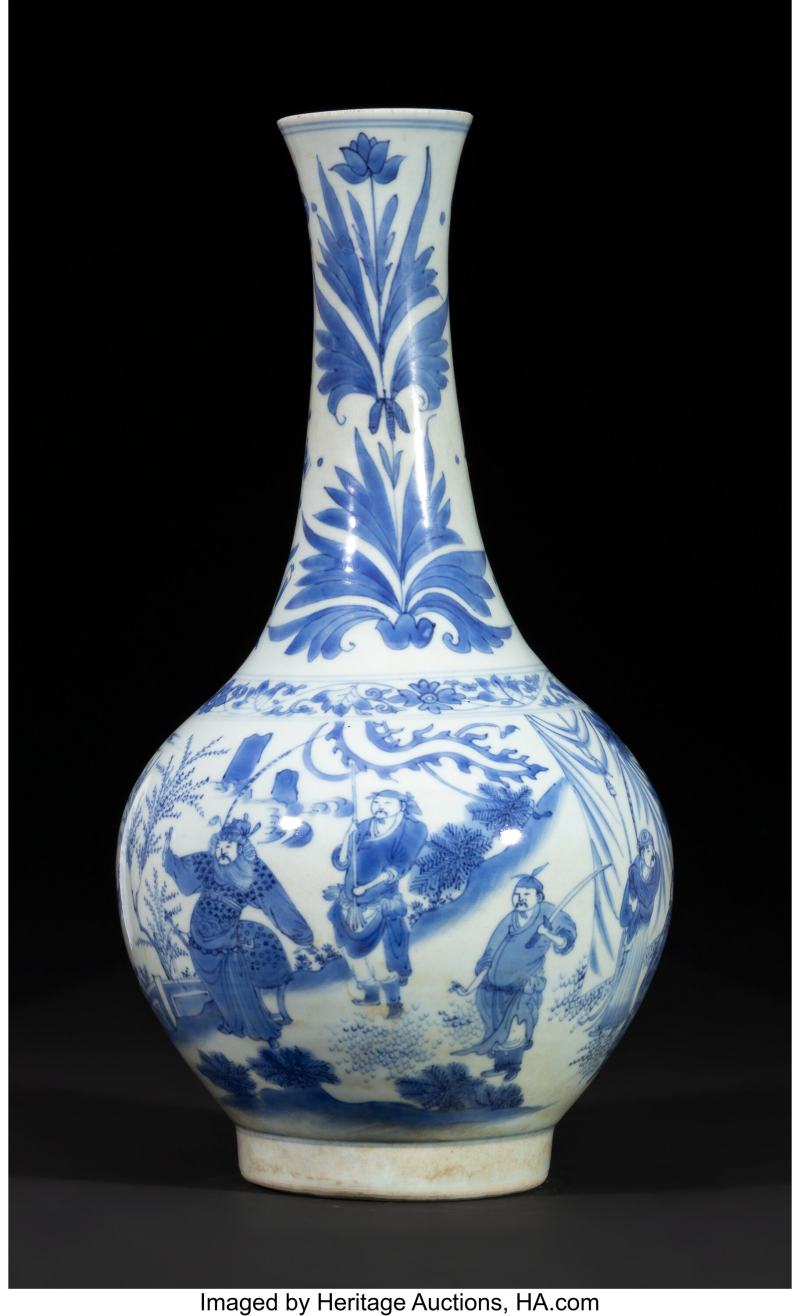 A Chinese Blue and White 'Warriors' Bottle Vase, Transitional period