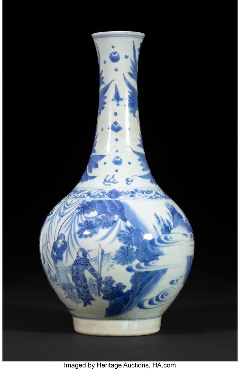 A Chinese Blue and White 'Warriors' Bottle Vase, Transitional period - 图2