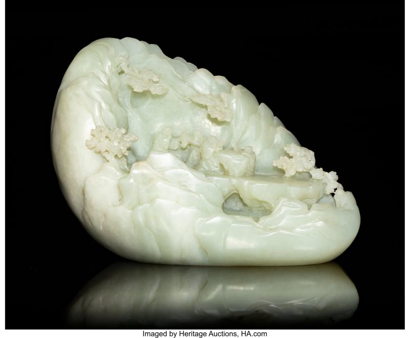 A Chinese Carved Pale Celadon Jade Boulder