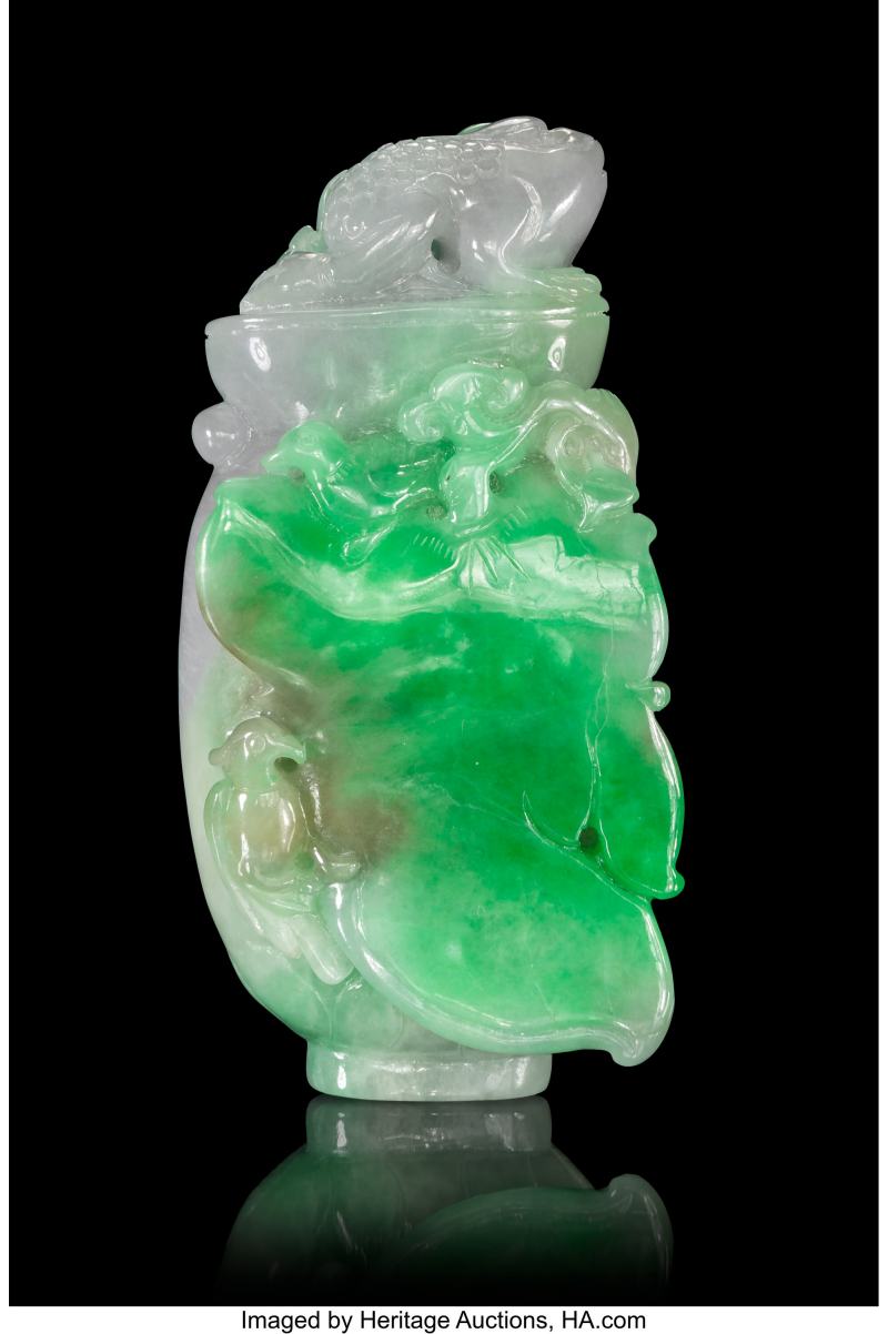 A Chinese Jadeite Carving with 'Parrots and Toad' - 图2
