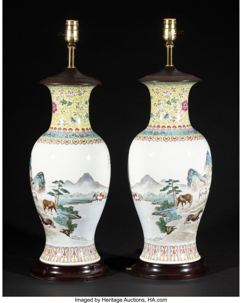 Two Chinese Famille Rose 'Horses' Vases Mounted as Lamps - 图2