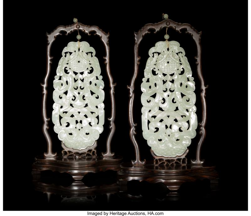 A Pair of Chinese Celadon Jade Hanging Plaques