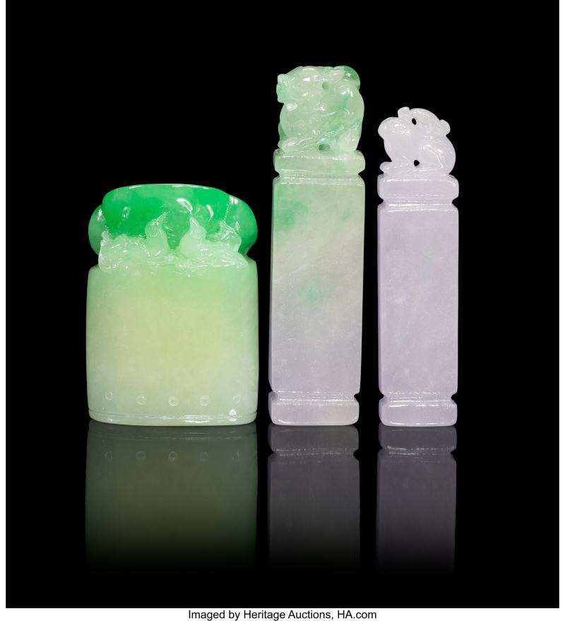 A Group of Three Chinese Carved Jadeite Seals