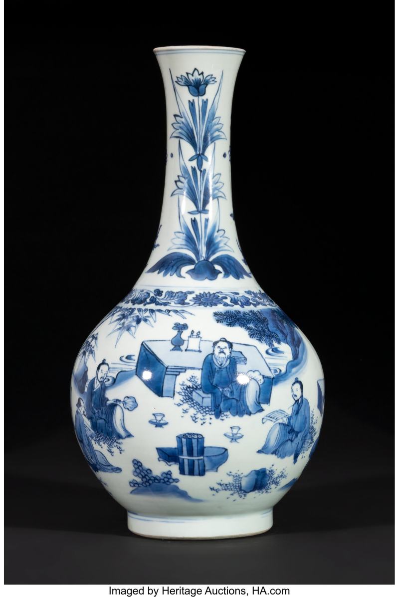 A Chinese Blue and White Vase Depicting Scholars, Transitional period