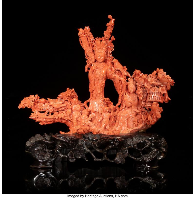 An Exceptionally Large Chinese Carved Coral Figural Group