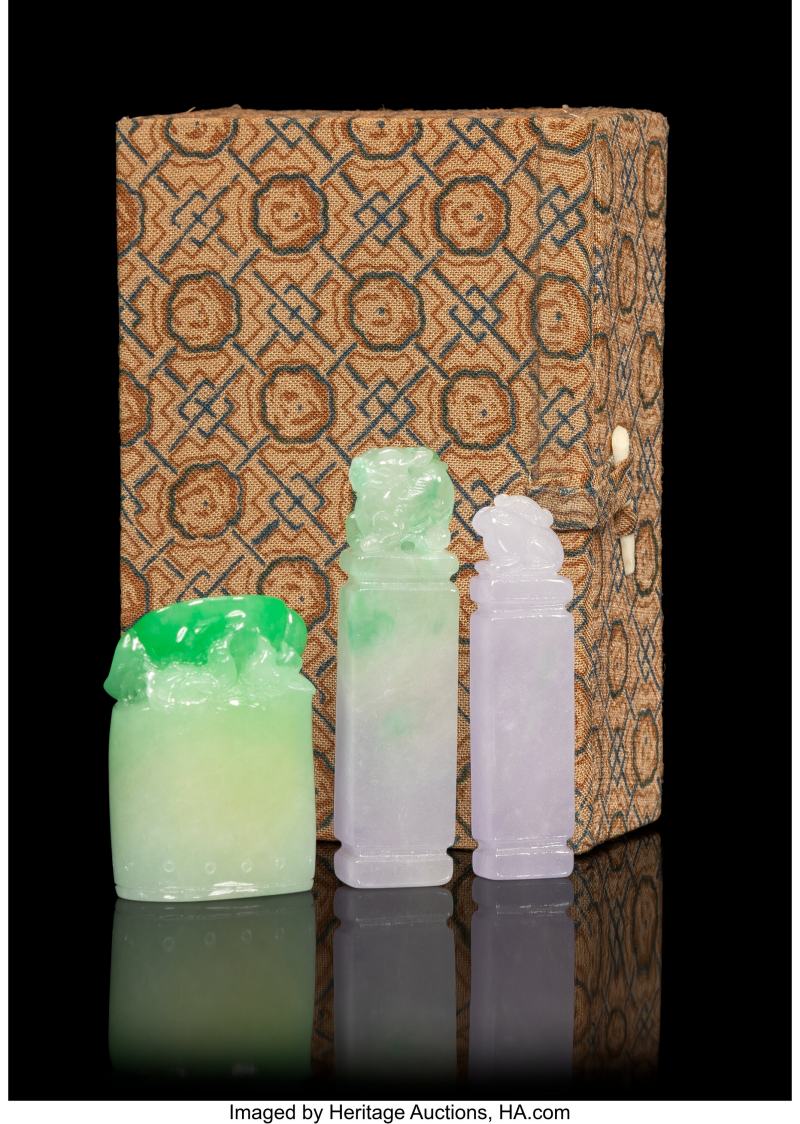 A Group of Three Chinese Carved Jadeite Seals - 图2