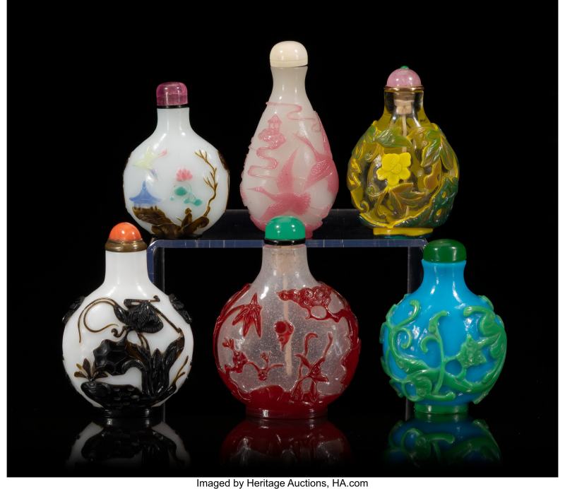 A Group of Six Chinese Overlaid Glass Snuff Bottles
