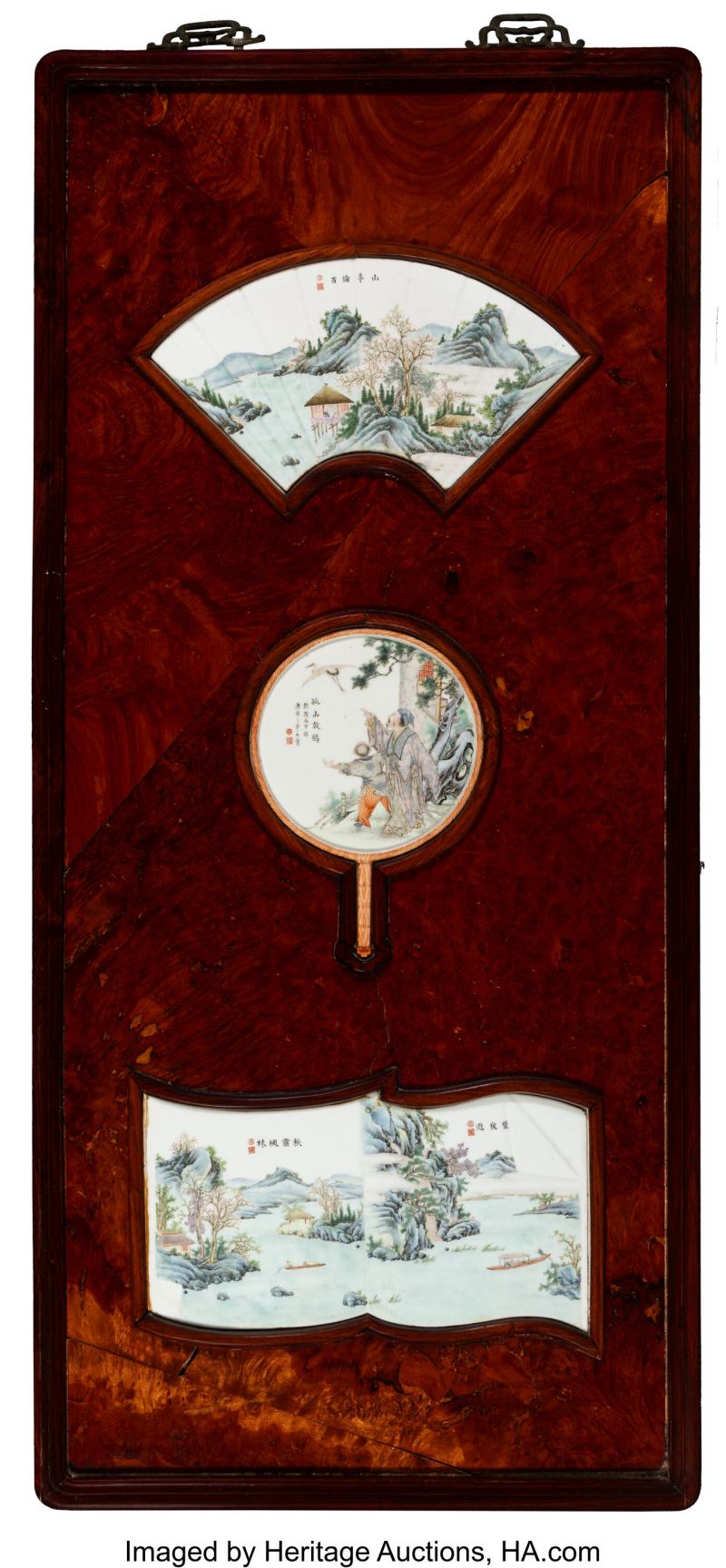 A Wood Hanging Panel with Inset Chinese Famille Rose Plaques