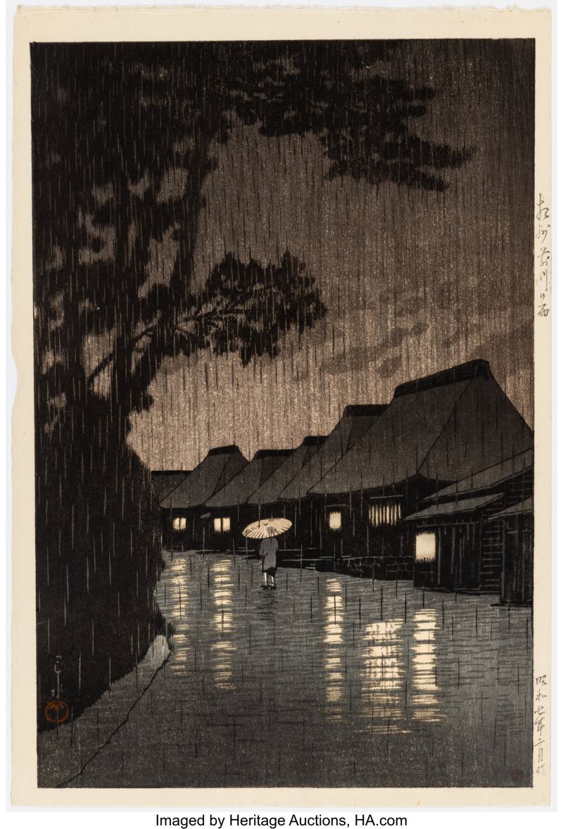 Kawase Hasui (Japanese, 1883-1957), Rain at Maekawa, Sagami Province (Soshu Maekawa no ame), from the series Selected Tokaido Landscapes (Tokaido fukei senshu)