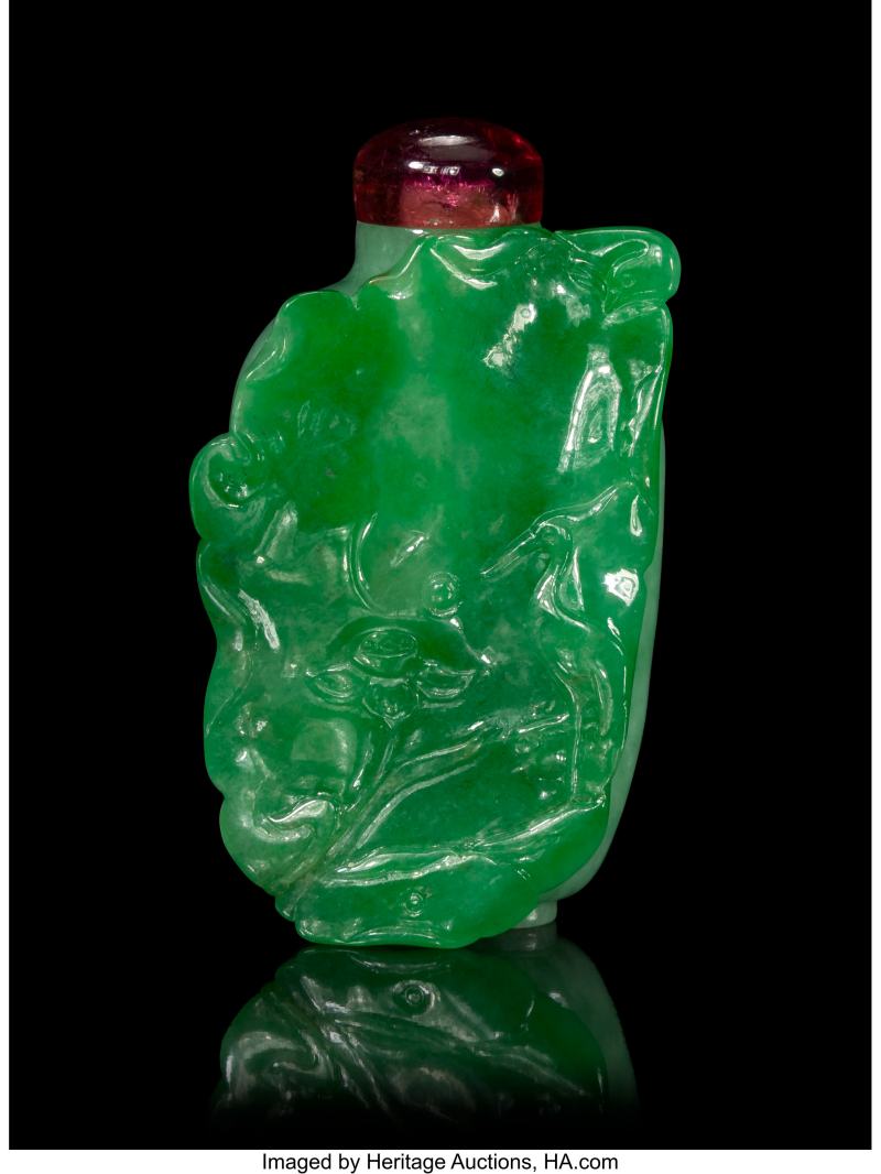 A Chinese Carved Apple Green Jadeite Snuff Bottle