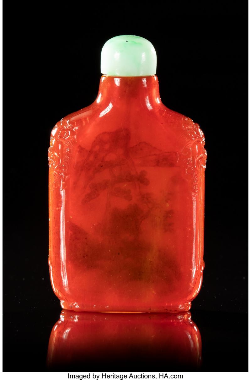 A Rare Chinese Inside-Painted Amber Snuff Bottle by Ye Xiaofeng