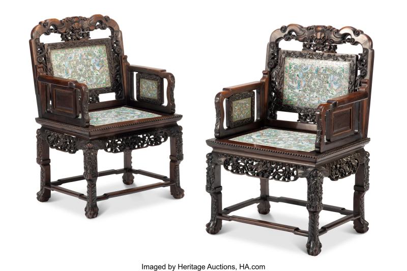 A Pair of Chinese Hardwood Armchairs with Inset Famille Rose Plaques