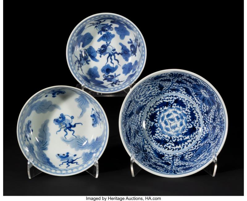A Group of Three Chinese Blue and White and Café-au-Lait Bowls