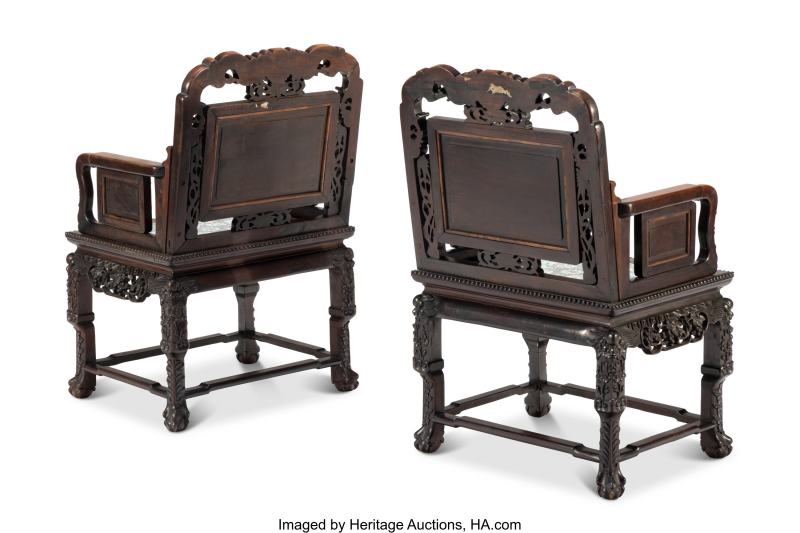 A Pair of Chinese Hardwood Armchairs with Inset Famille Rose Plaques - 图2
