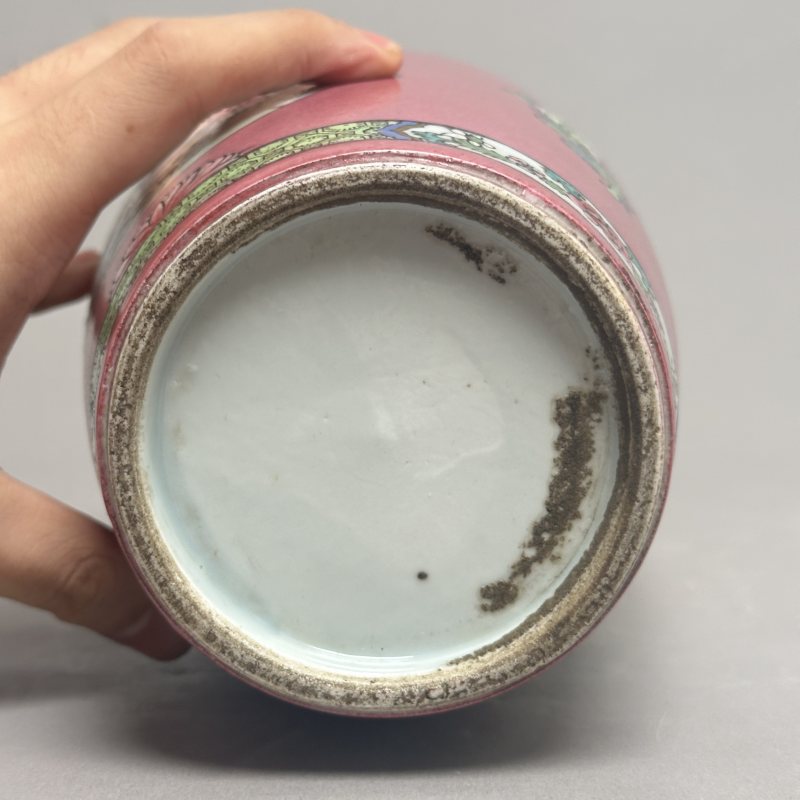 清中期 胭脂红底开光粉彩大吉图萝卜罐 - 图5