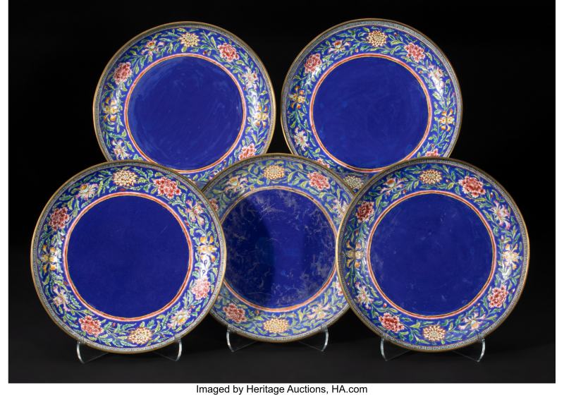 A Set of Five Chinese Copper Enameled Blue-Ground Dishes
