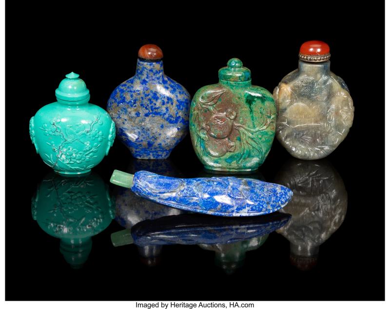 A Group of Five Chinese Hardstone Snuff Bottles