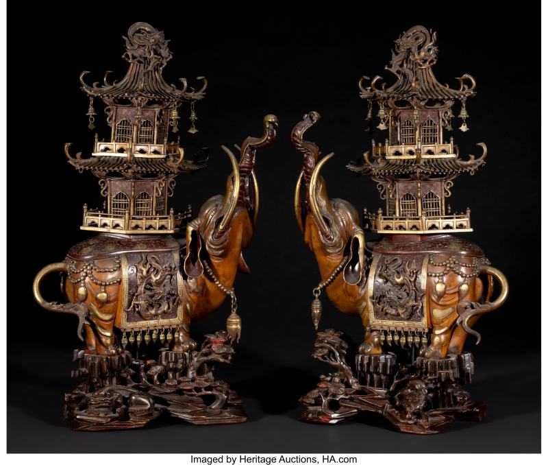 A Pair of Japanese Gilt Bronze Elephant-Form Incense Burners with Fitted Wood Stands