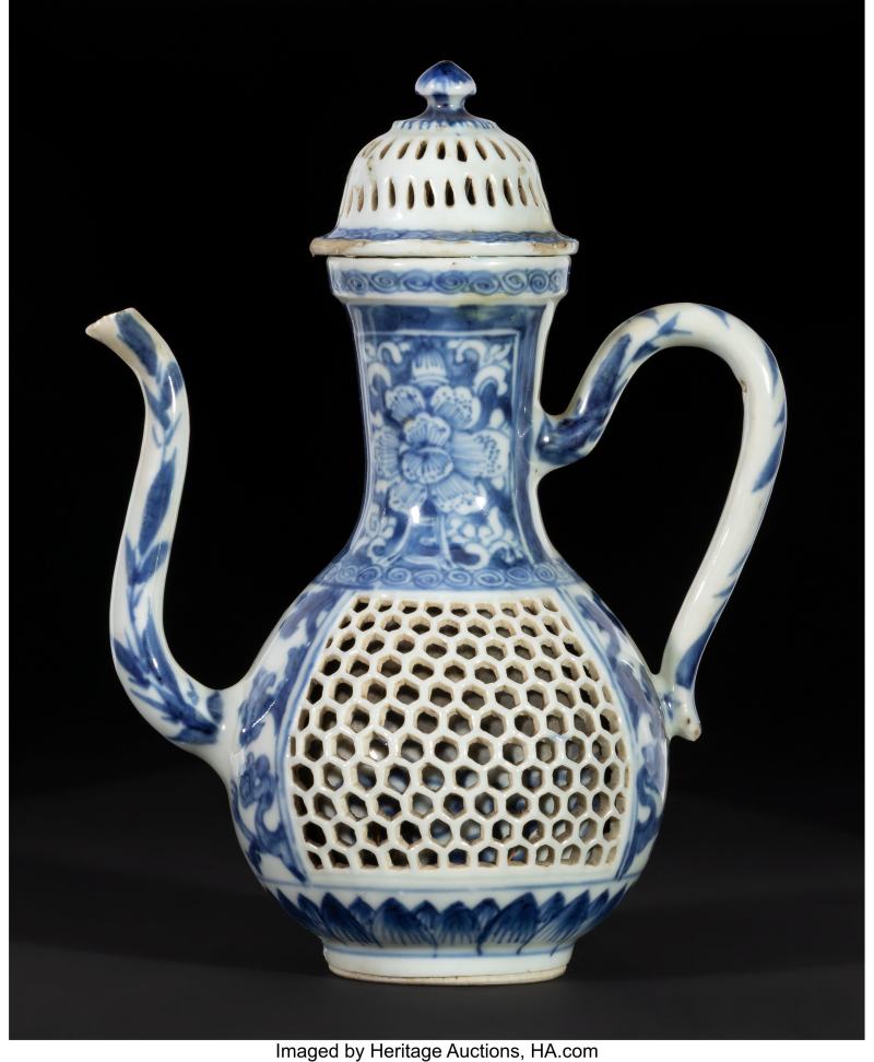 A Chinese Blue and White Reticulated Double-Walled Covered Ewer